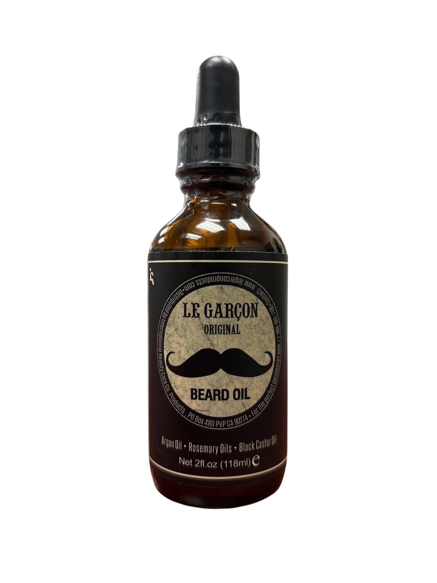 Beard oil bottle labeled 'Le Garçon Beard Oil' with a white background